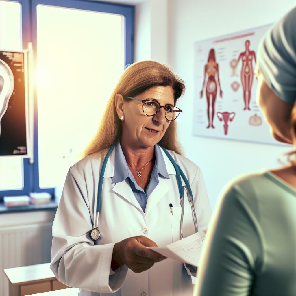 a female gynecologist in a clinic discussing medical charts with a patient, showing anatomical diagrams in background