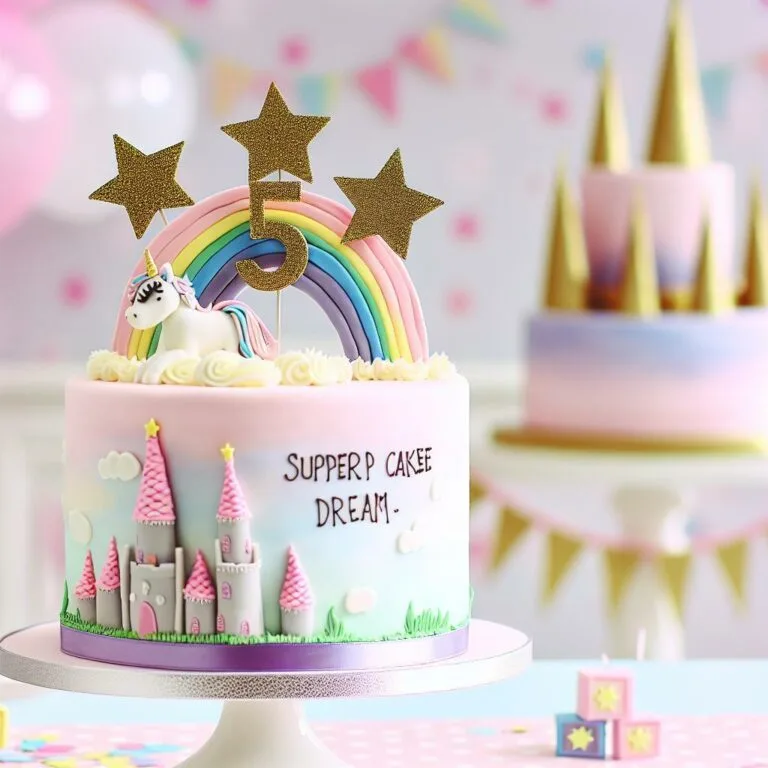 a whimsical birthday cake for a little girl featuring a pastel castle, unicorn, rainbow, and golden stars with the text "Supperp Cakee Dream"