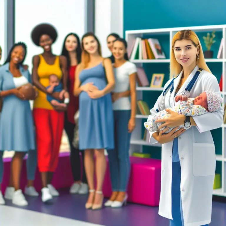 a confident gynekologist holding a newborn baby, surrounded by smiling pregnant women in a modern clinic setting