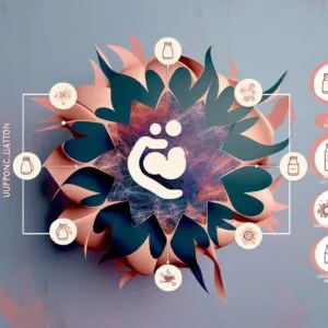 a stylized illustration of a blooming flower with icons depicting natural remedies like herbs, hydration, and foods to support breastfeeding and increase milk production